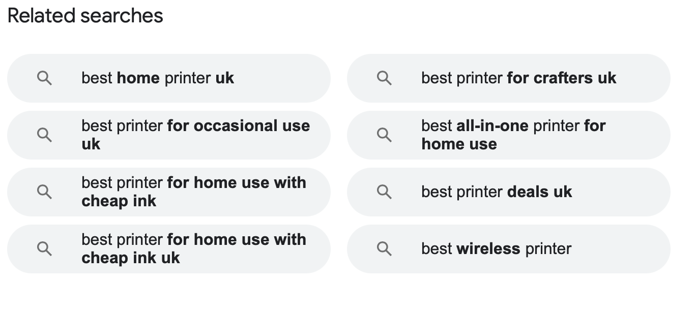 9 Keyword Research Tips for SEO & PPC 4 Google related searches for 'best printer'.