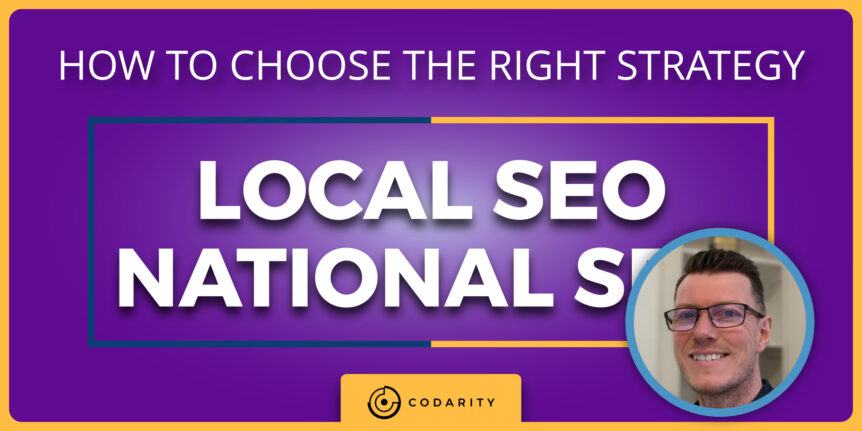 Local SEO vs National SEO: How To Choose The Right Strategy 2 Local SEO vs National SEO - How to Choose the Right Strategy text with a background of a map and location pins, illustrating the concept of selecting the best SEO approach