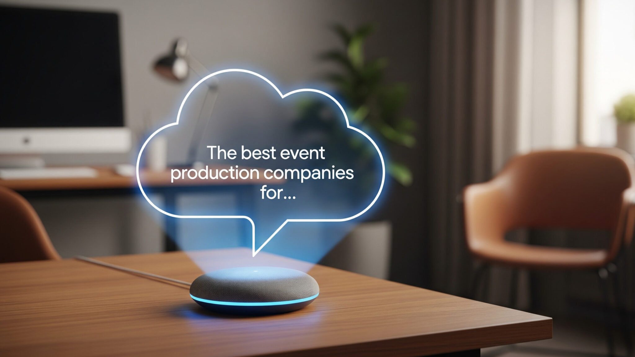 How AI Chooses Which Event Company Wins 1 Google voice assistant with a "best event production companies" speech bubble, representing voice search results and SEO.